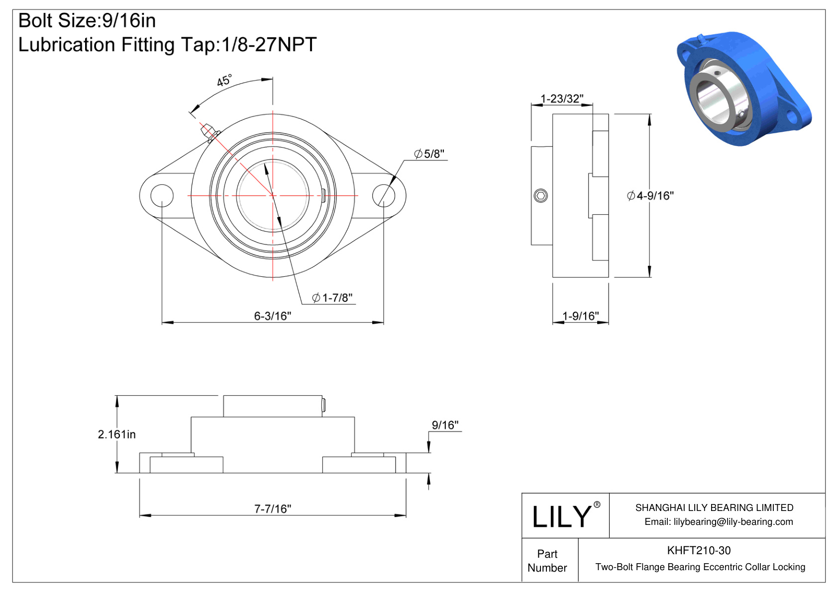 KHFT210-30 Two-Bolt Flange Bearing Eccentric Collar Locking cad drawing