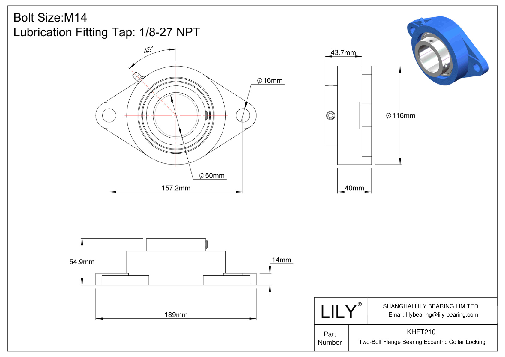 KHFT210 Two-Bolt Flange Bearing Eccentric Collar Locking cad drawing