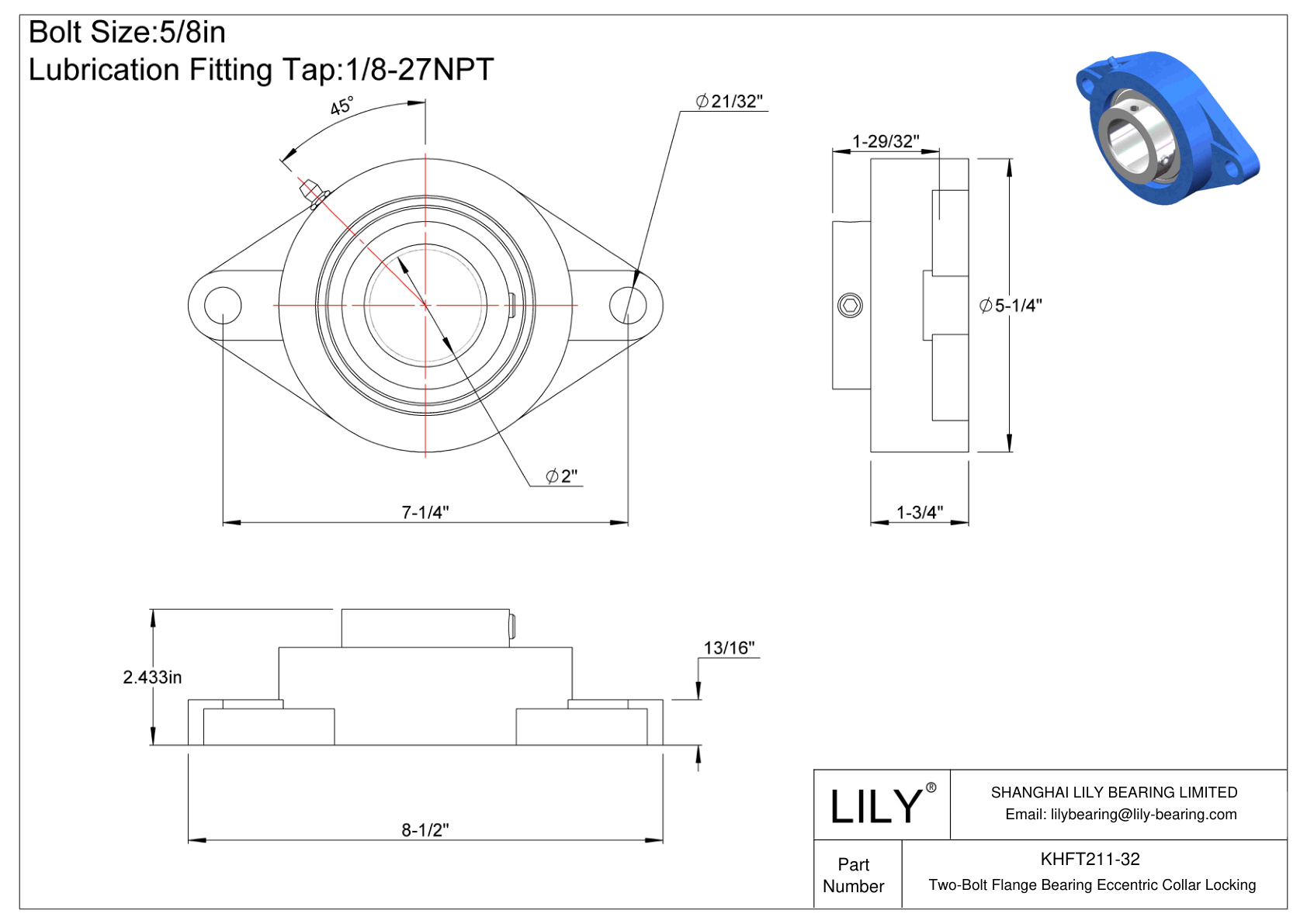 KHFT211-32 Cojinete de brida de dos pernos Bloqueo de collar excéntrico cad drawing