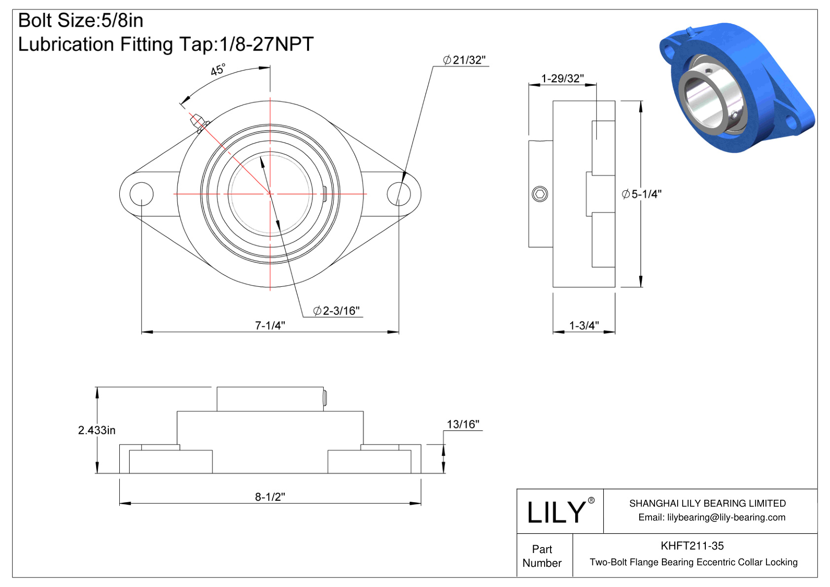 KHFT211-35 Two-Bolt Flange Bearing Eccentric Collar Locking cad drawing