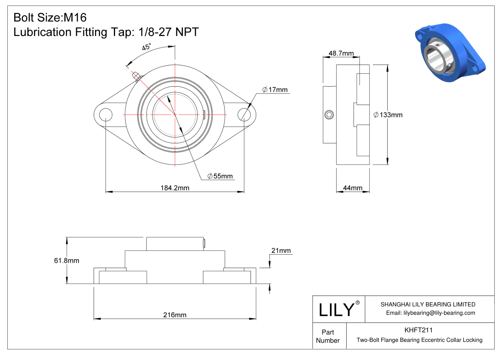 KHFT211 Cojinete de brida de dos pernos Bloqueo de collar excéntrico cad drawing