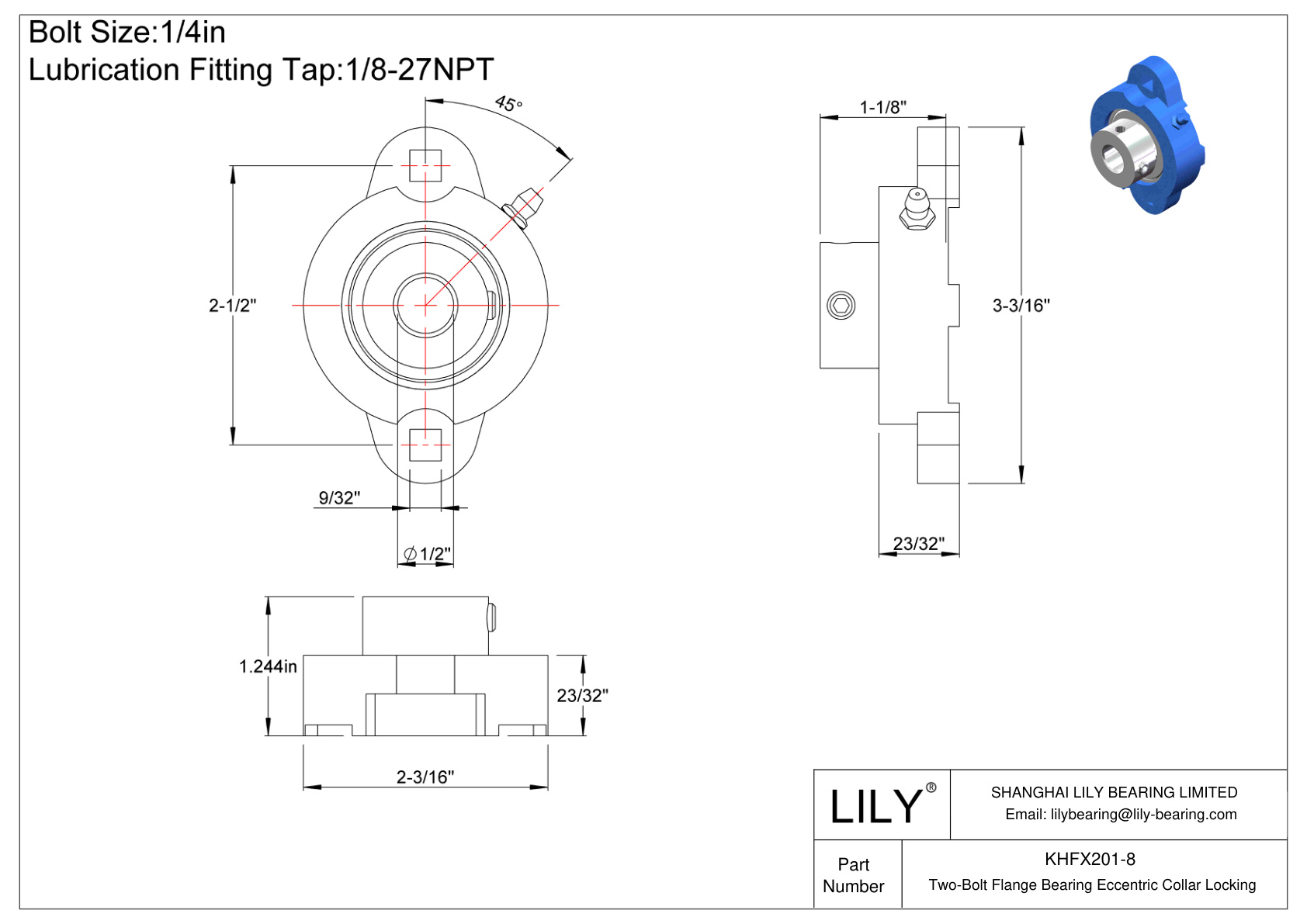 KHFX201-8 Two-Bolt Flange Bearing Eccentric Collar Locking cad drawing