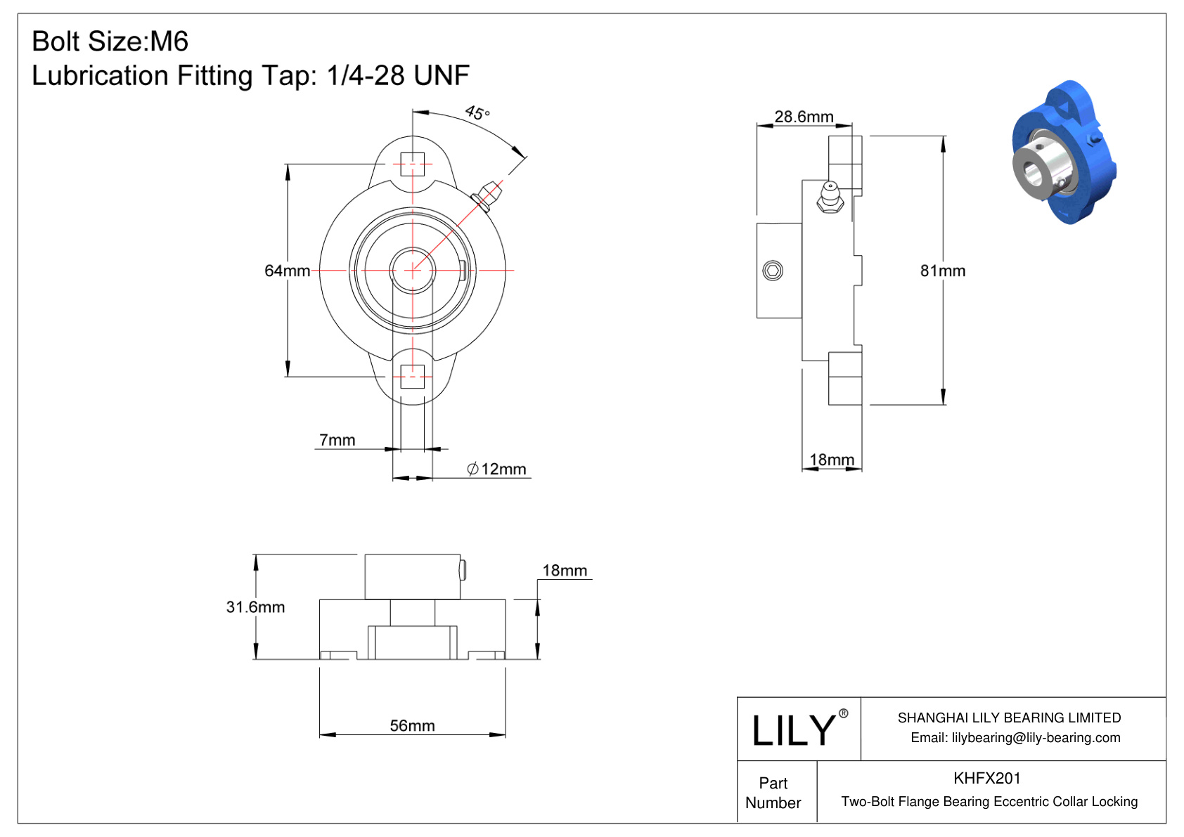 KHFX201 Two-Bolt Flange Bearing Eccentric Collar Locking cad drawing