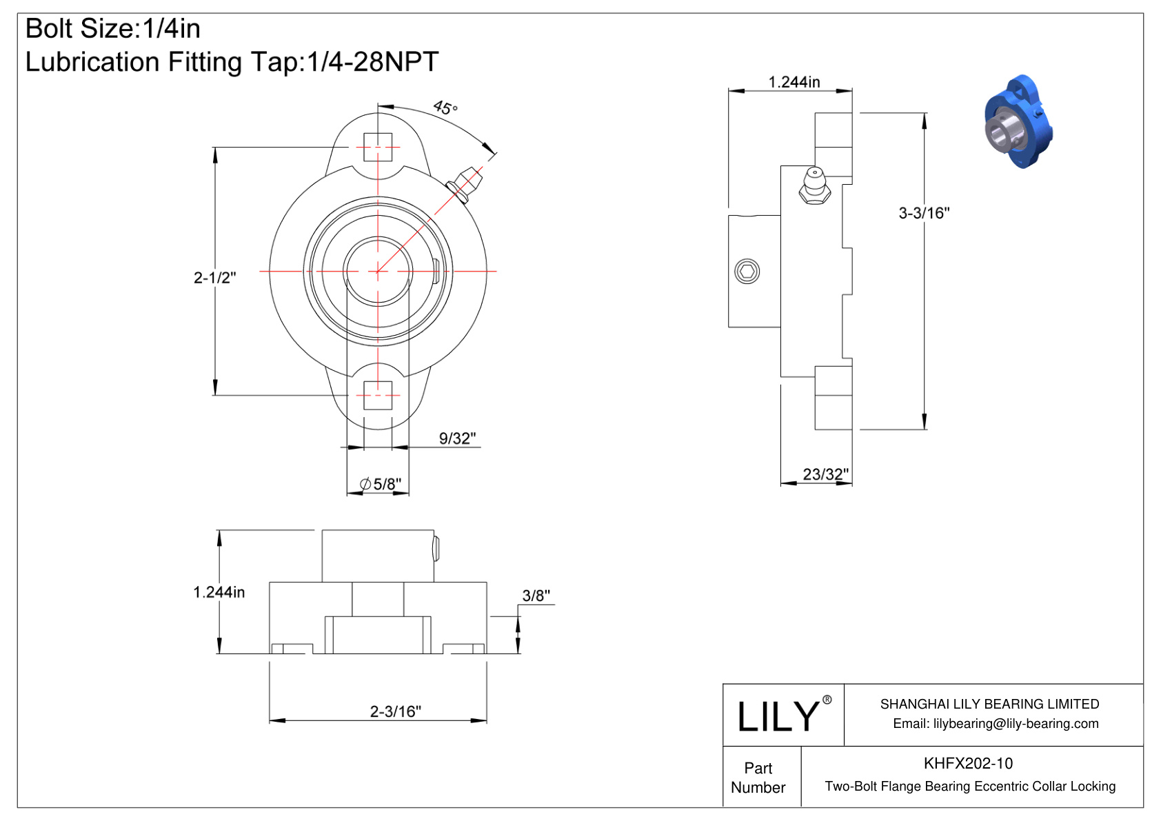 KHFX202-10 Two-Bolt Flange Bearing Eccentric Collar Locking cad drawing