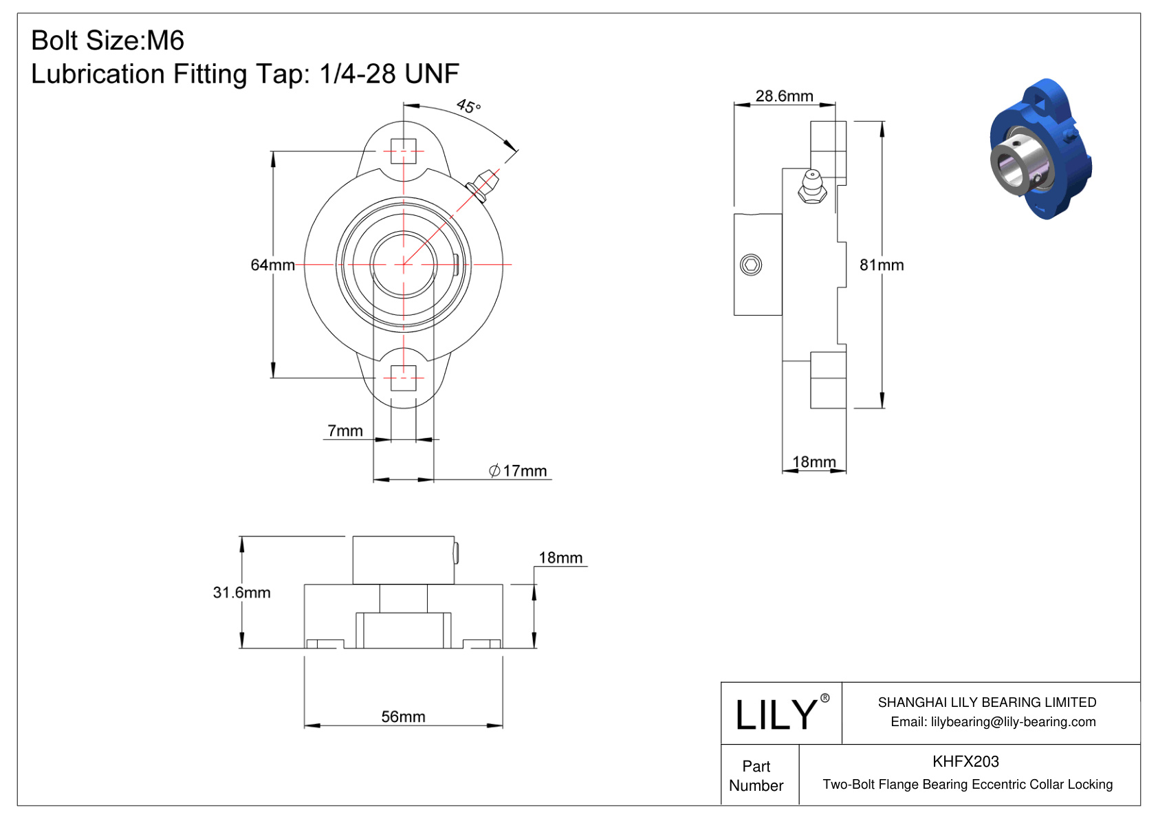 KHFX203 Two-Bolt Flange Bearing Eccentric Collar Locking cad drawing