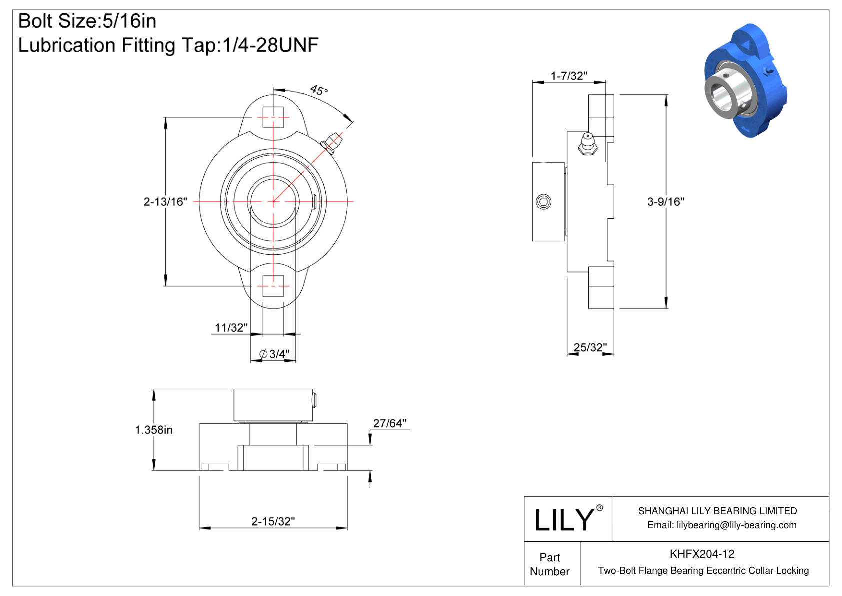 KHFX204-12 Cojinete de brida de dos pernos Bloqueo de collar excéntrico cad drawing