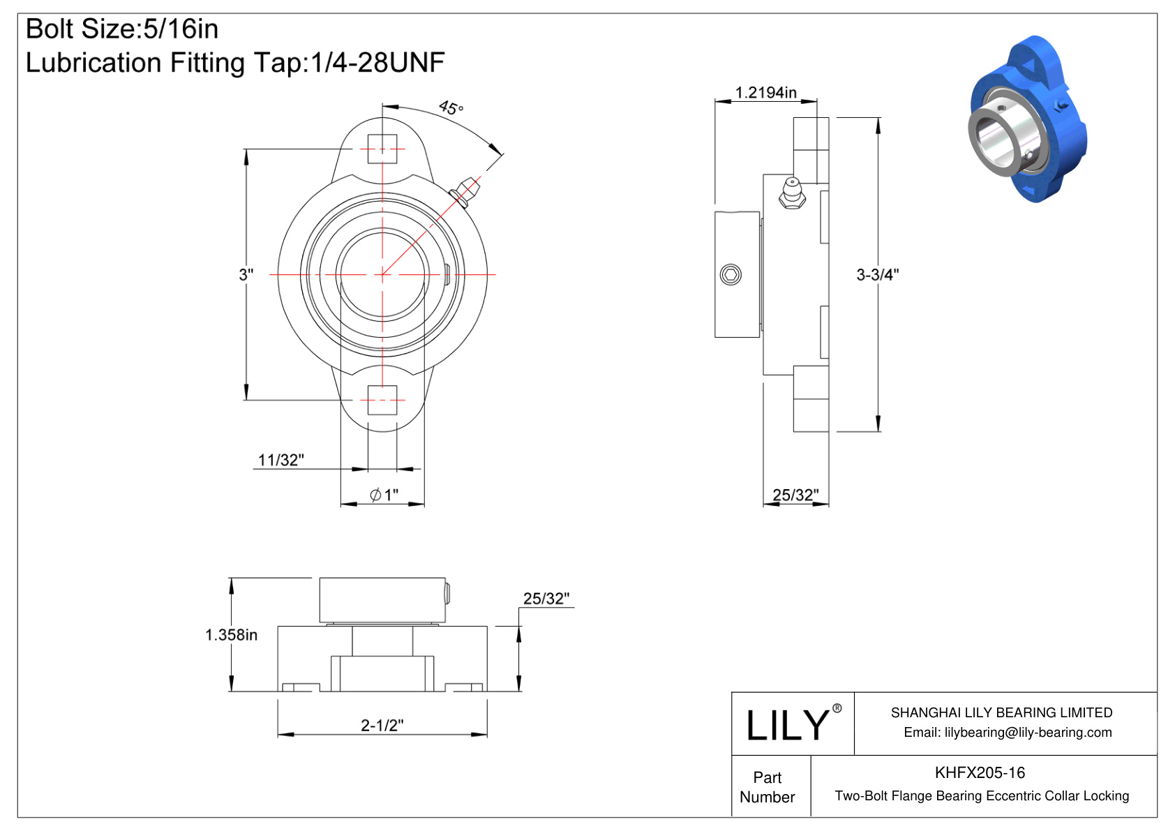 KHFX205-16 Cojinete de brida de dos pernos Bloqueo de collar excéntrico cad drawing