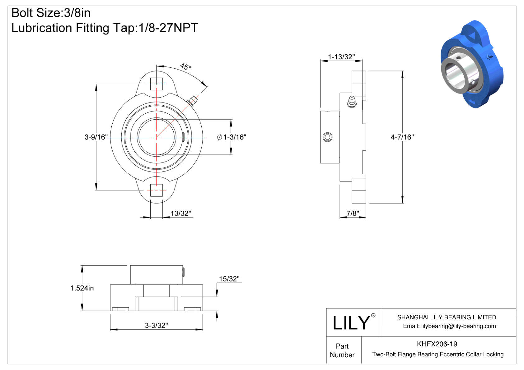 KHFX206-19 Two-Bolt Flange Bearing Eccentric Collar Locking cad drawing