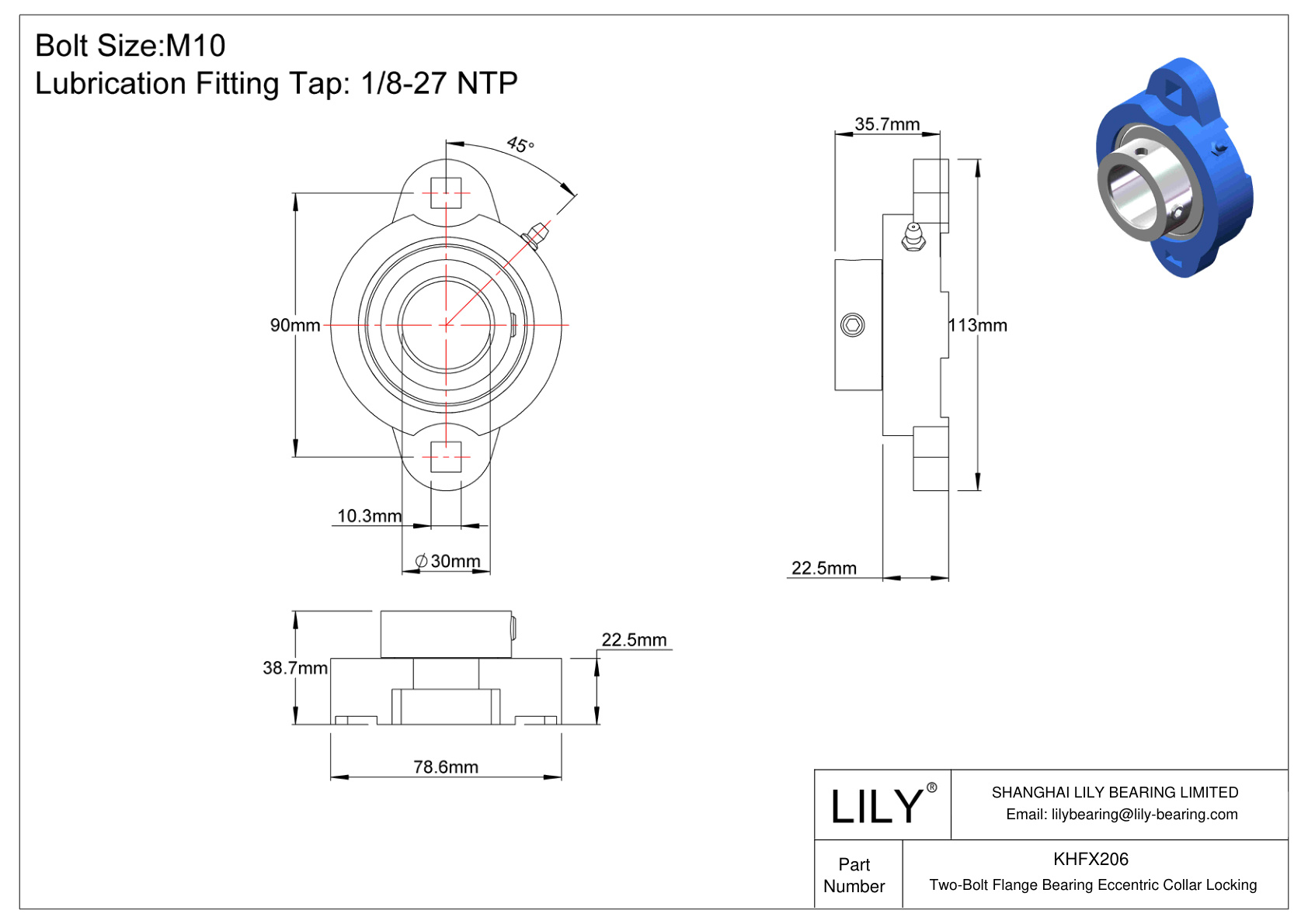 KHFX206 Cojinete de brida de dos pernos Bloqueo de collar excéntrico cad drawing