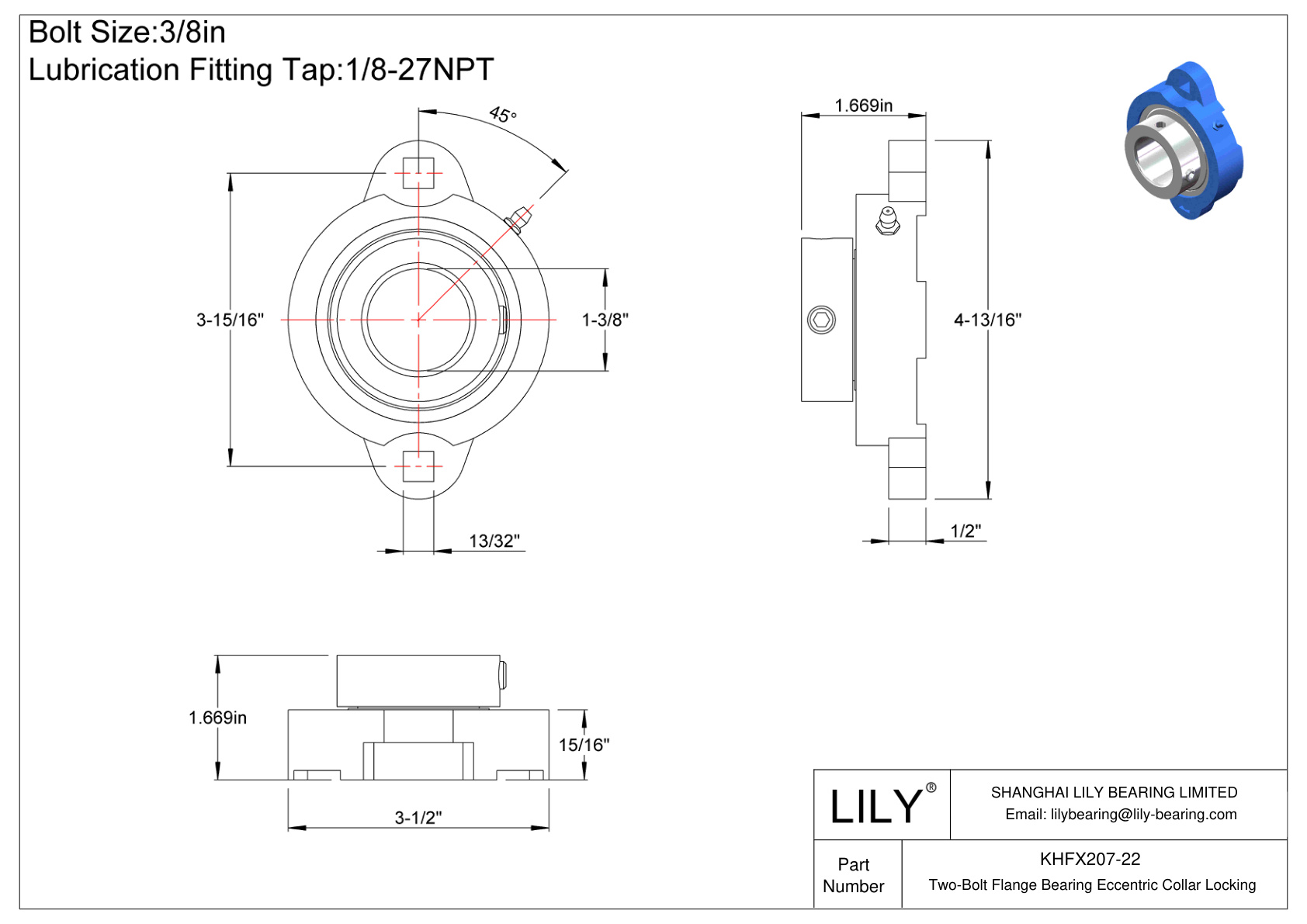 KHFX207-22 Two-Bolt Flange Bearing Eccentric Collar Locking cad drawing