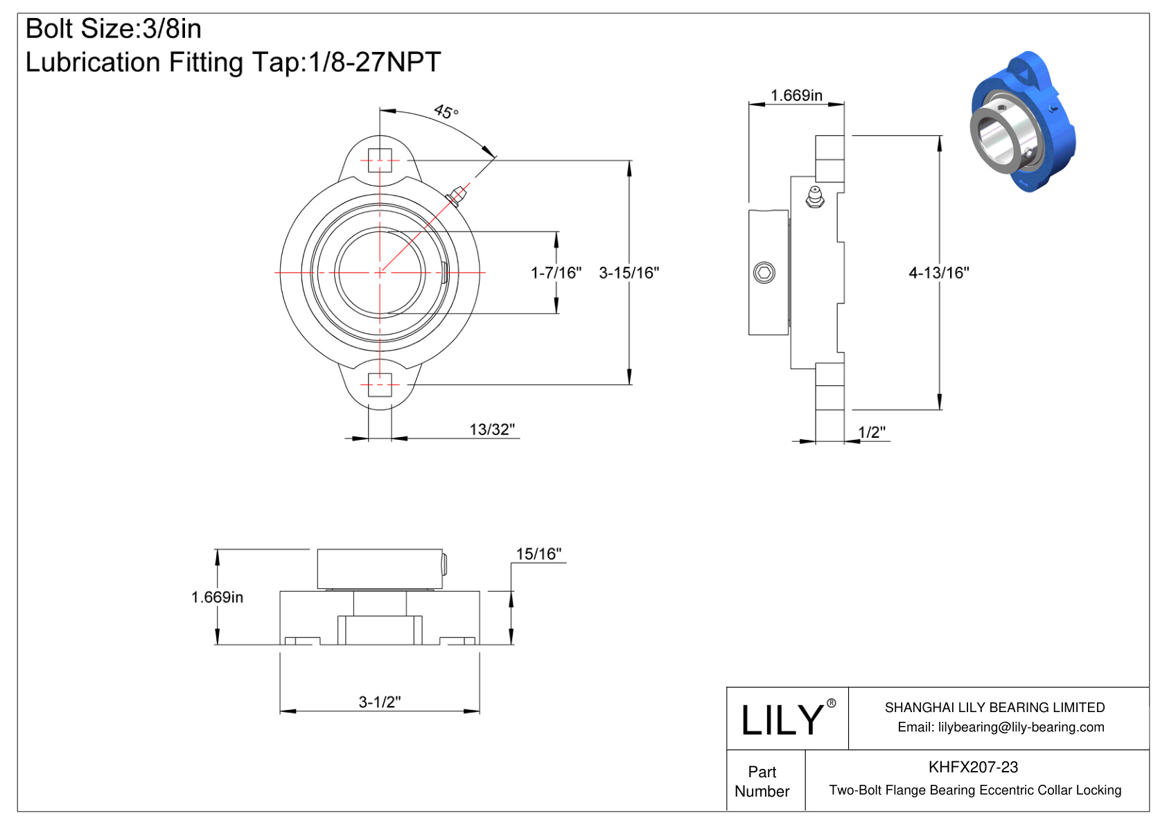 KHFX207-23 Two-Bolt Flange Bearing Eccentric Collar Locking cad drawing