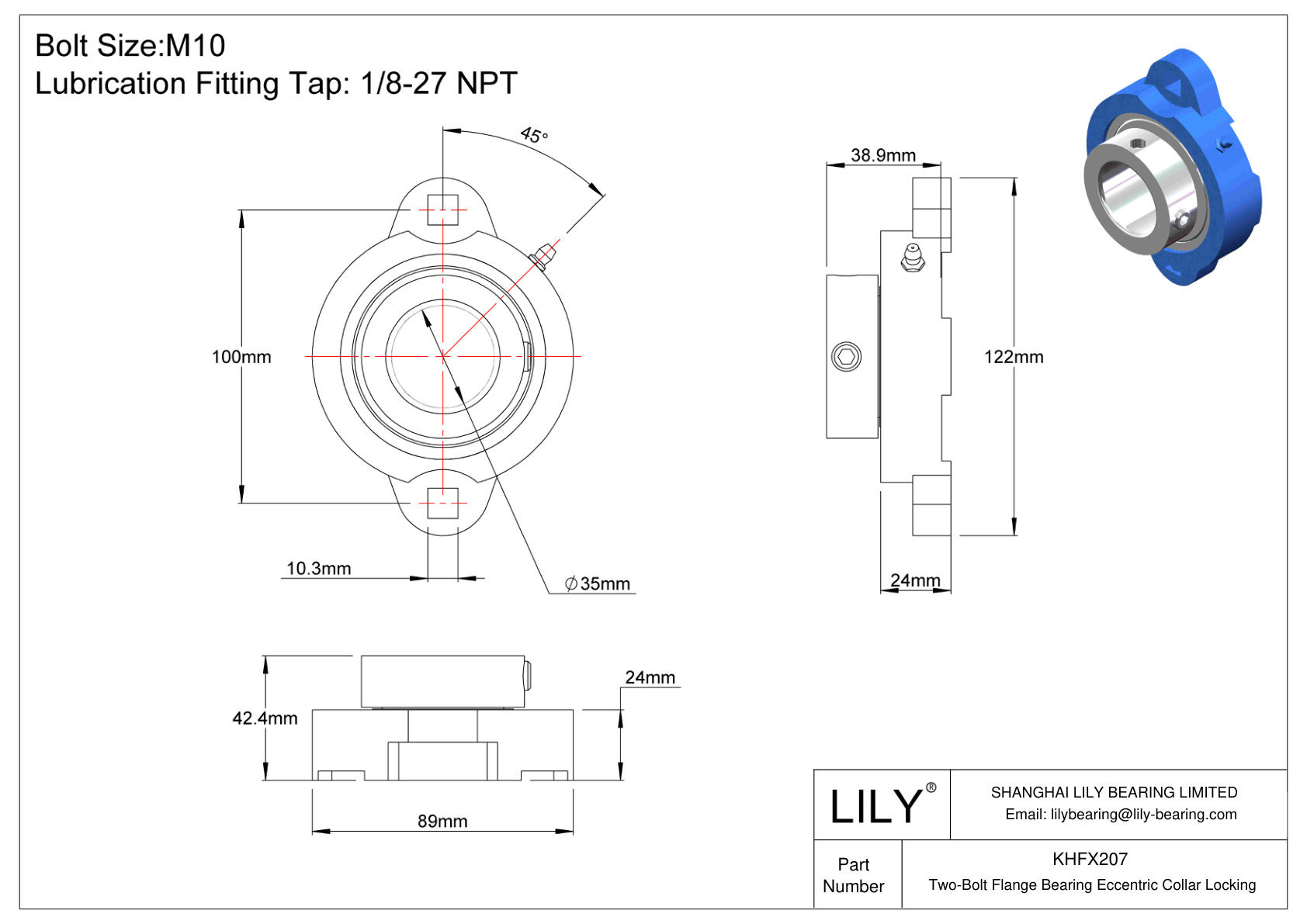 KHFX207 Two-Bolt Flange Bearing Eccentric Collar Locking cad drawing