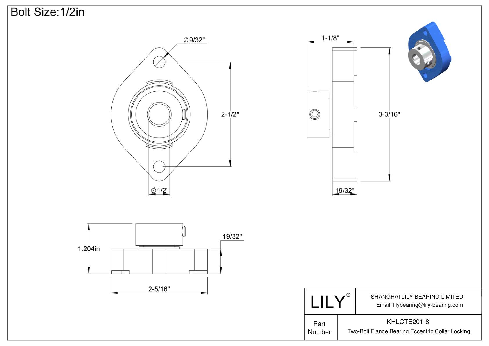 KHLCTE201-8 Cojinete de brida de dos pernos Bloqueo de collar excéntrico cad drawing