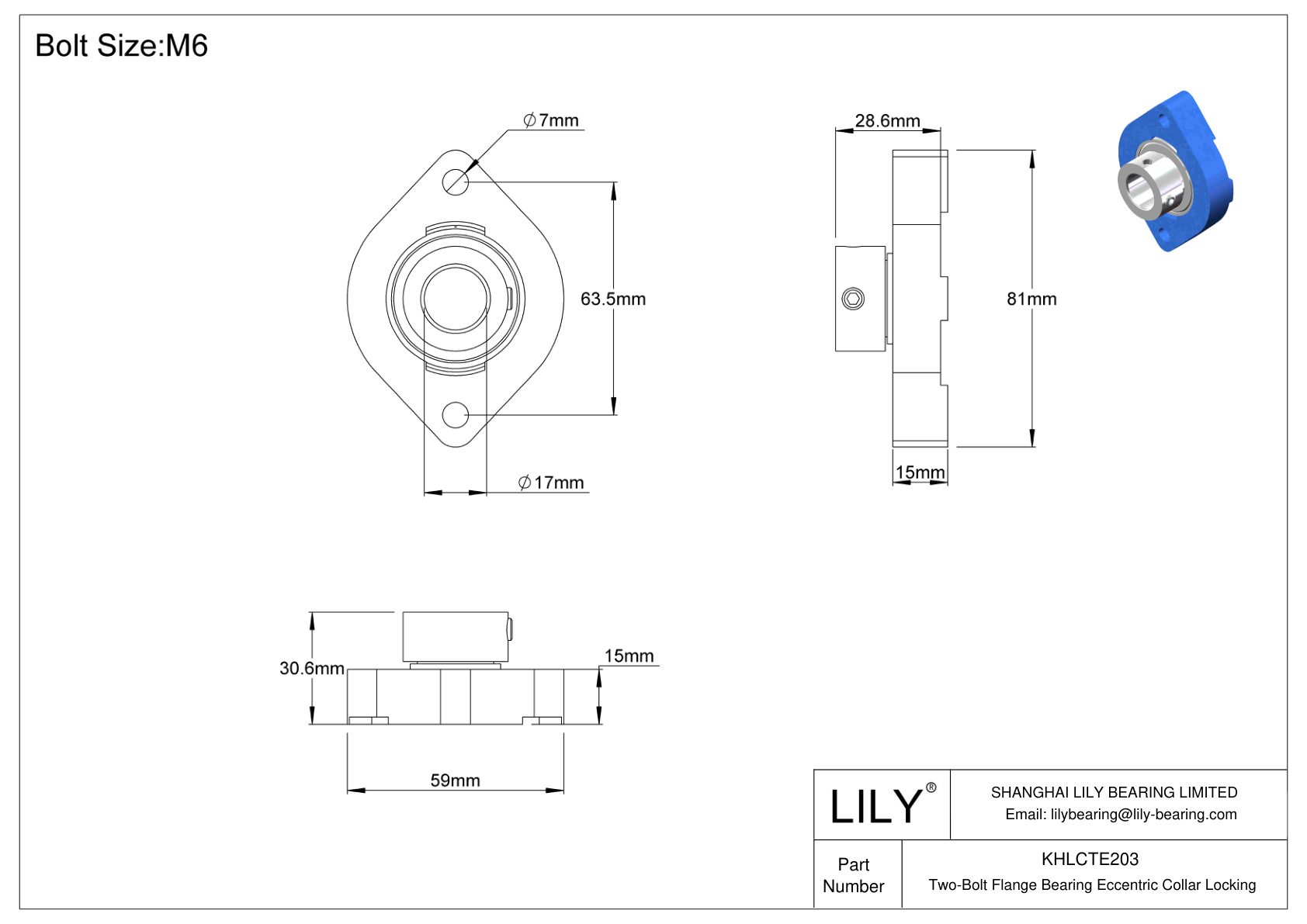 KHLCTE203 Two-Bolt Flange Bearing Eccentric Collar Locking cad drawing