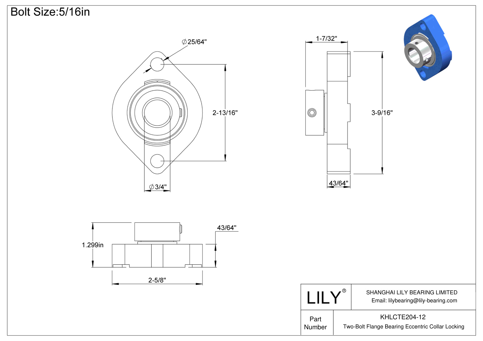 KHLCTE204-12 Two-Bolt Flange Bearing Eccentric Collar Locking cad drawing