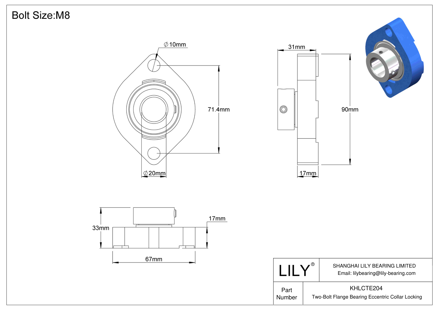 KHLCTE204 Cojinete de brida de dos pernos Bloqueo de collar excéntrico cad drawing