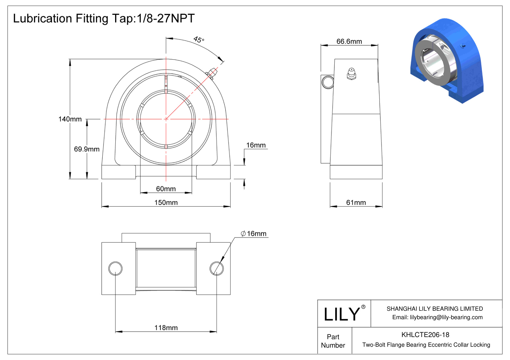 KHLCTE206-18 Two-Bolt Flange Bearing Eccentric Collar Locking cad drawing