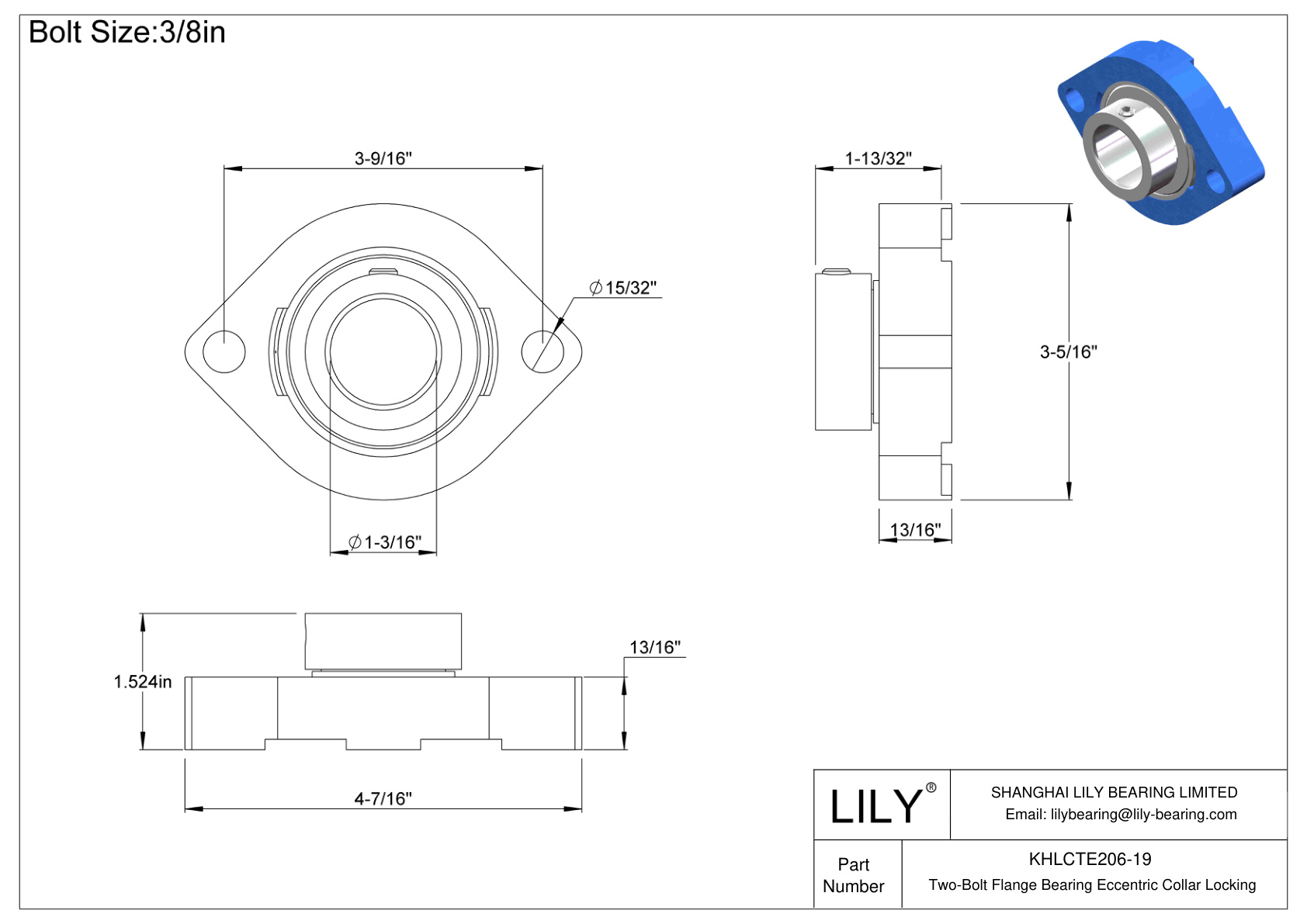 KHLCTE206-19 Cojinete de brida de dos pernos Bloqueo de collar excéntrico cad drawing