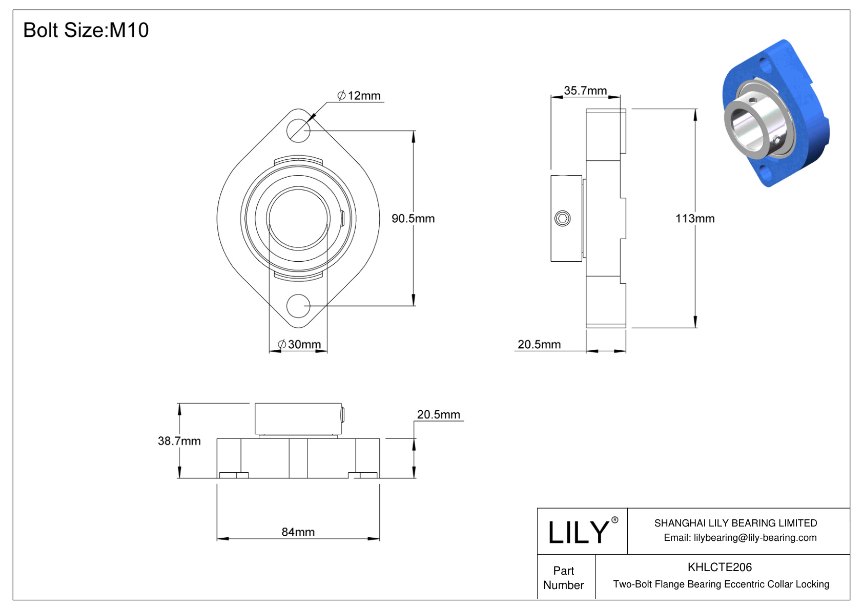 KHLCTE206 Cojinete de brida de dos pernos Bloqueo de collar excéntrico cad drawing