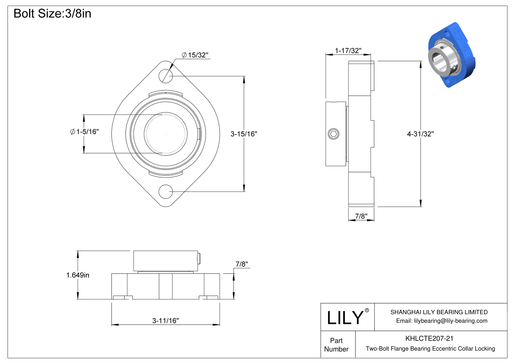 KHLCTE207-21 Two-Bolt Flange Bearing Eccentric Collar Locking cad drawing