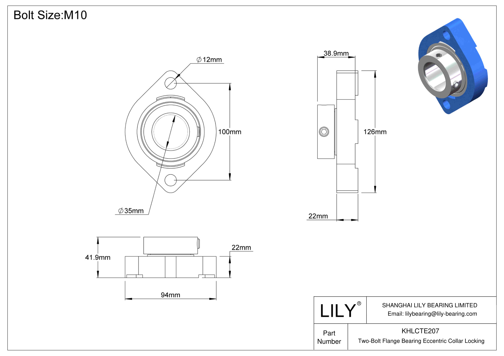 KHLCTE207 Two-Bolt Flange Bearing Eccentric Collar Locking cad drawing