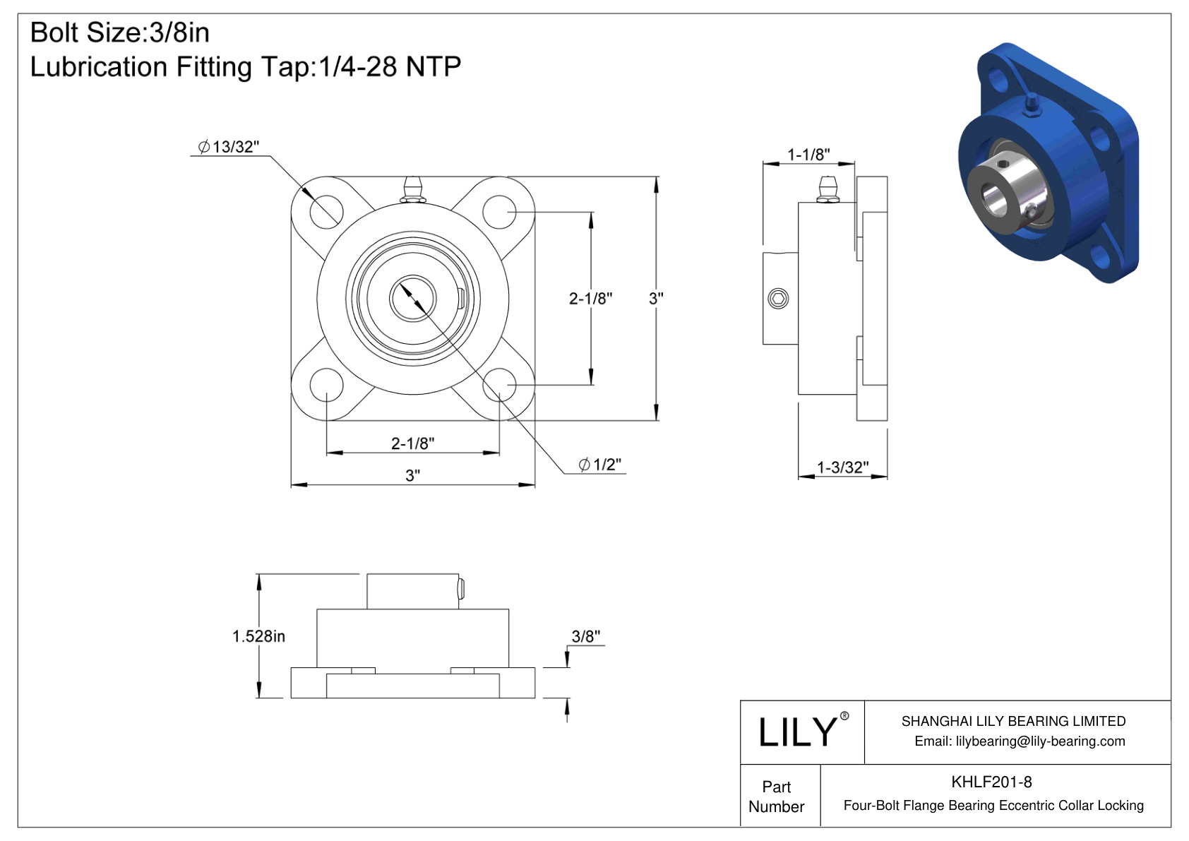 KHLF201-8 Cojinete de brida de cuatro tornillos Bloqueo de collar excéntrico cad drawing