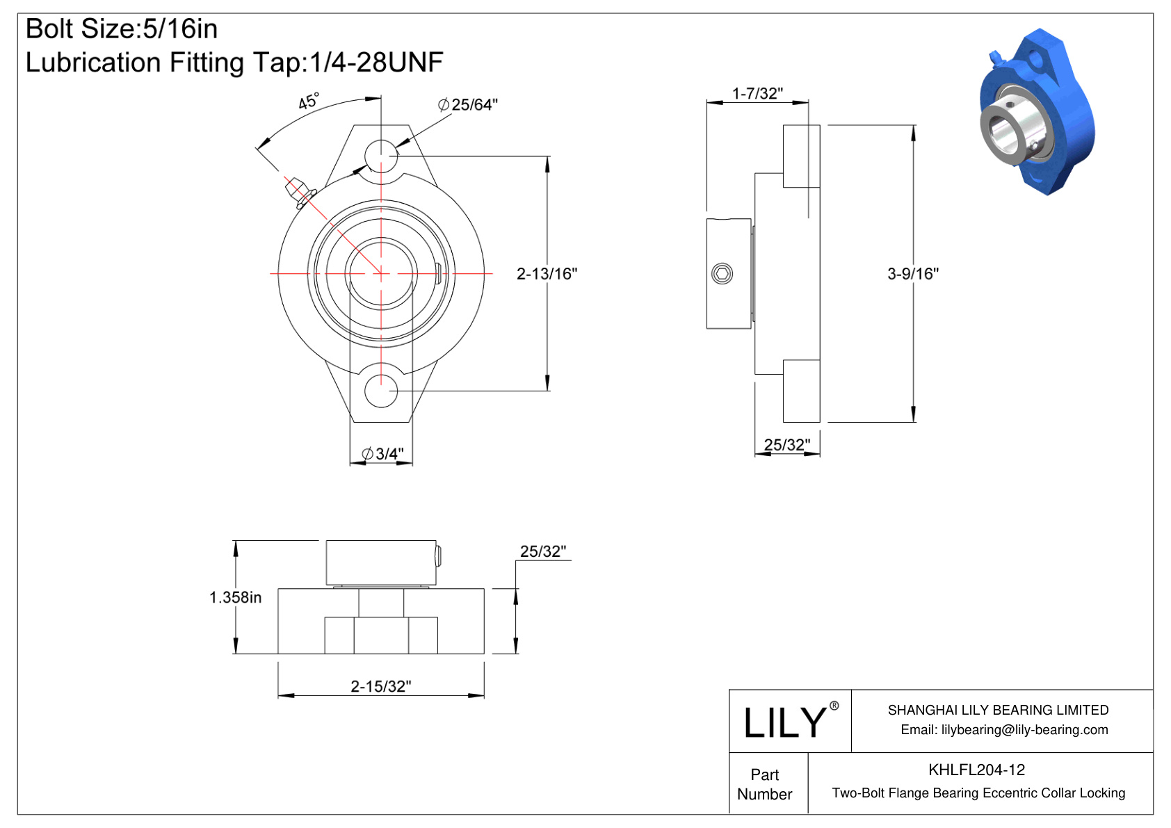 KHLFL204-12 Cojinete de brida de dos pernos Bloqueo de collar excéntrico cad drawing