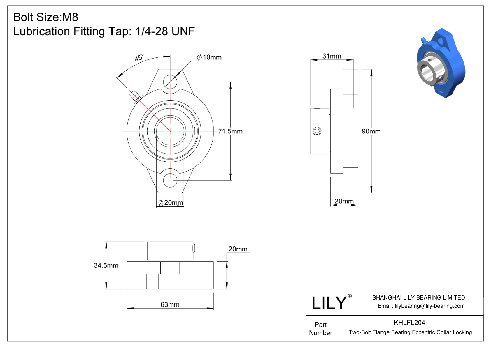 KHLFL204 Two-Bolt Flange Bearing Eccentric Collar Locking cad drawing