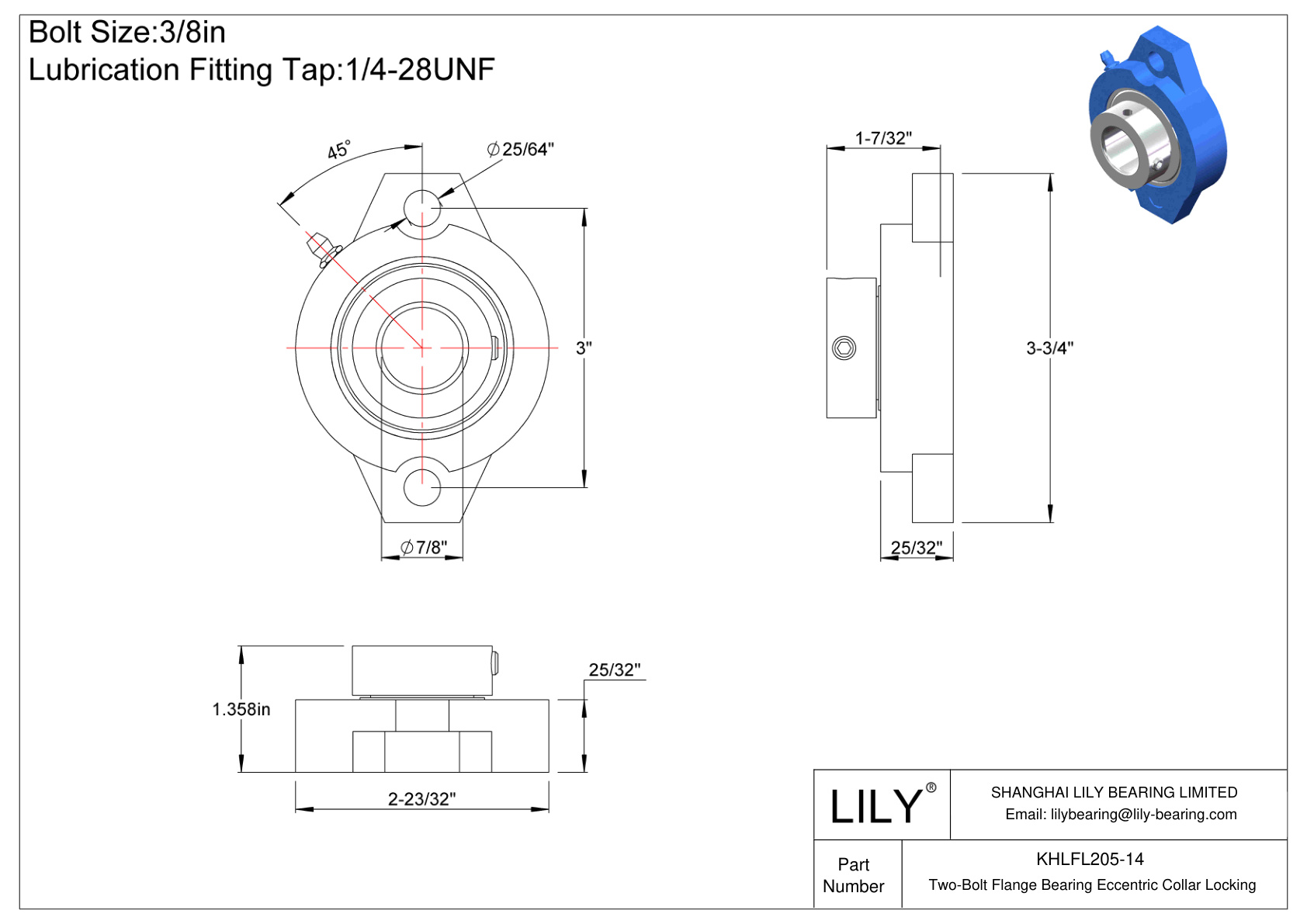 KHLFL205-14 Two-Bolt Flange Bearing Eccentric Collar Locking cad drawing