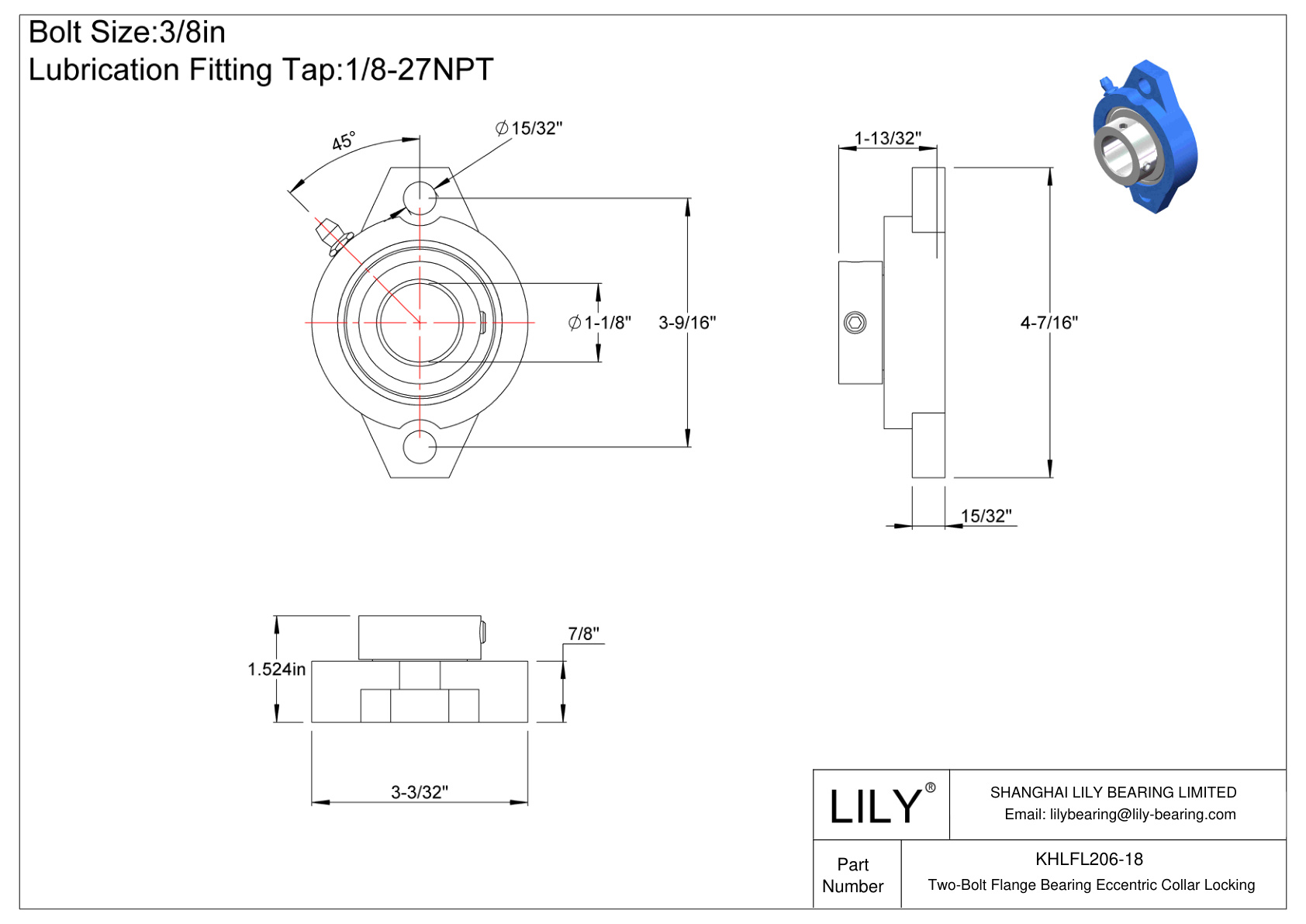 KHLFL206-18 Cojinete de brida de dos pernos Bloqueo de collar excéntrico cad drawing