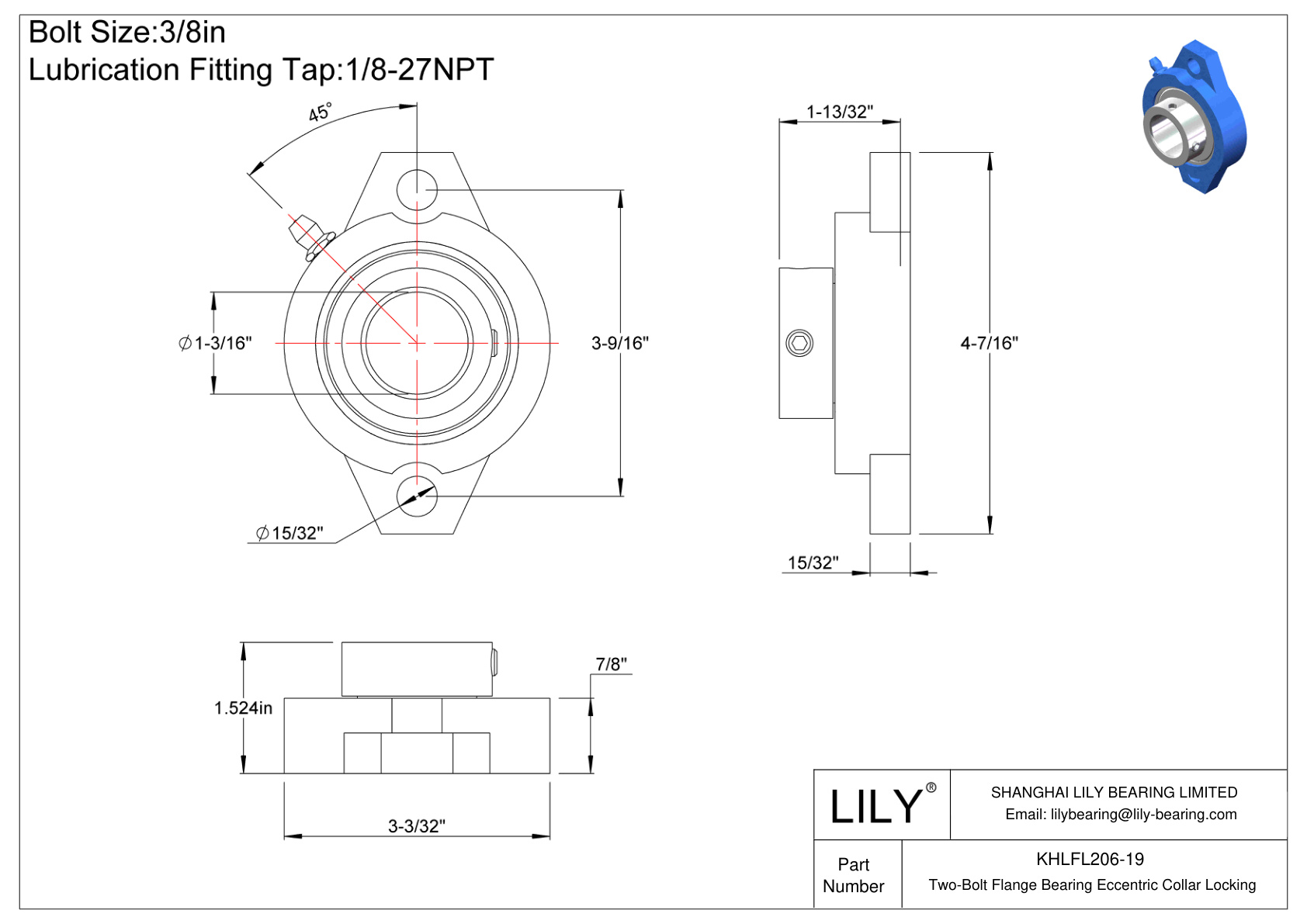 KHLFL206-19 Two-Bolt Flange Bearing Eccentric Collar Locking cad drawing