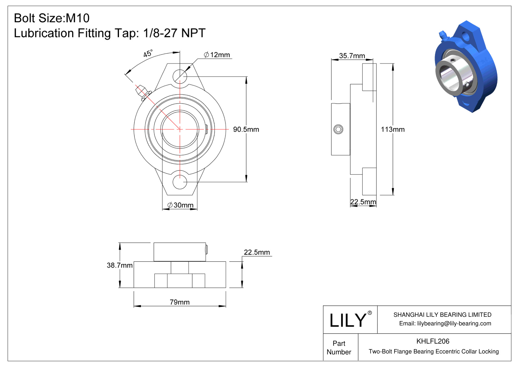 KHLFL206 Two-Bolt Flange Bearing Eccentric Collar Locking cad drawing