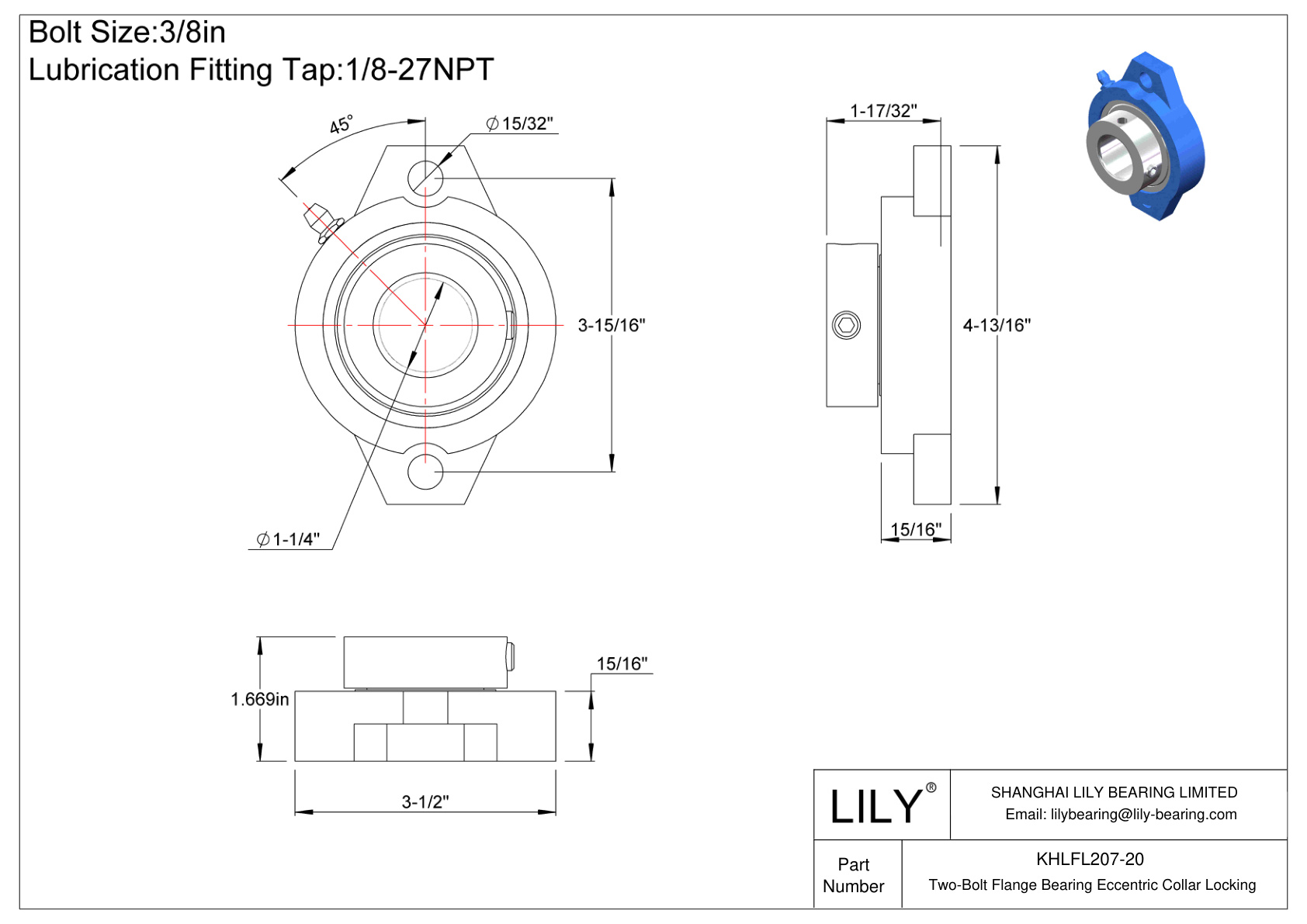 KHLFL207-20 Two-Bolt Flange Bearing Eccentric Collar Locking cad drawing