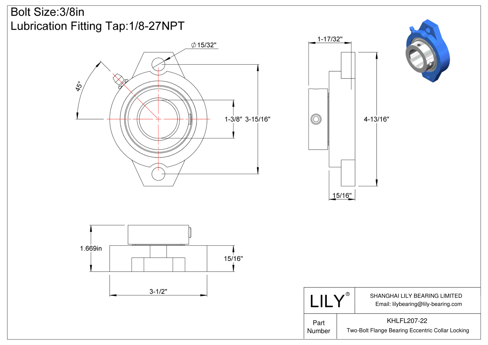 KHLFL207-22 Two-Bolt Flange Bearing Eccentric Collar Locking cad drawing