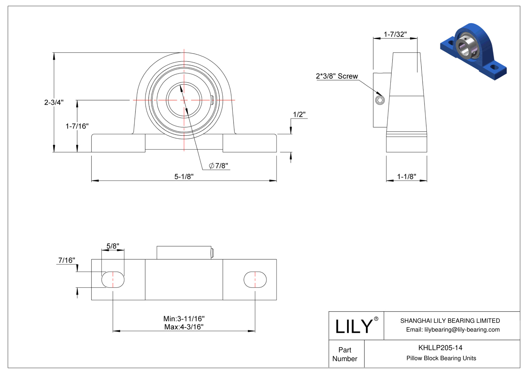 KHLLP205-14 Pillow Block Bearing Eccentric Collar Locking cad drawing