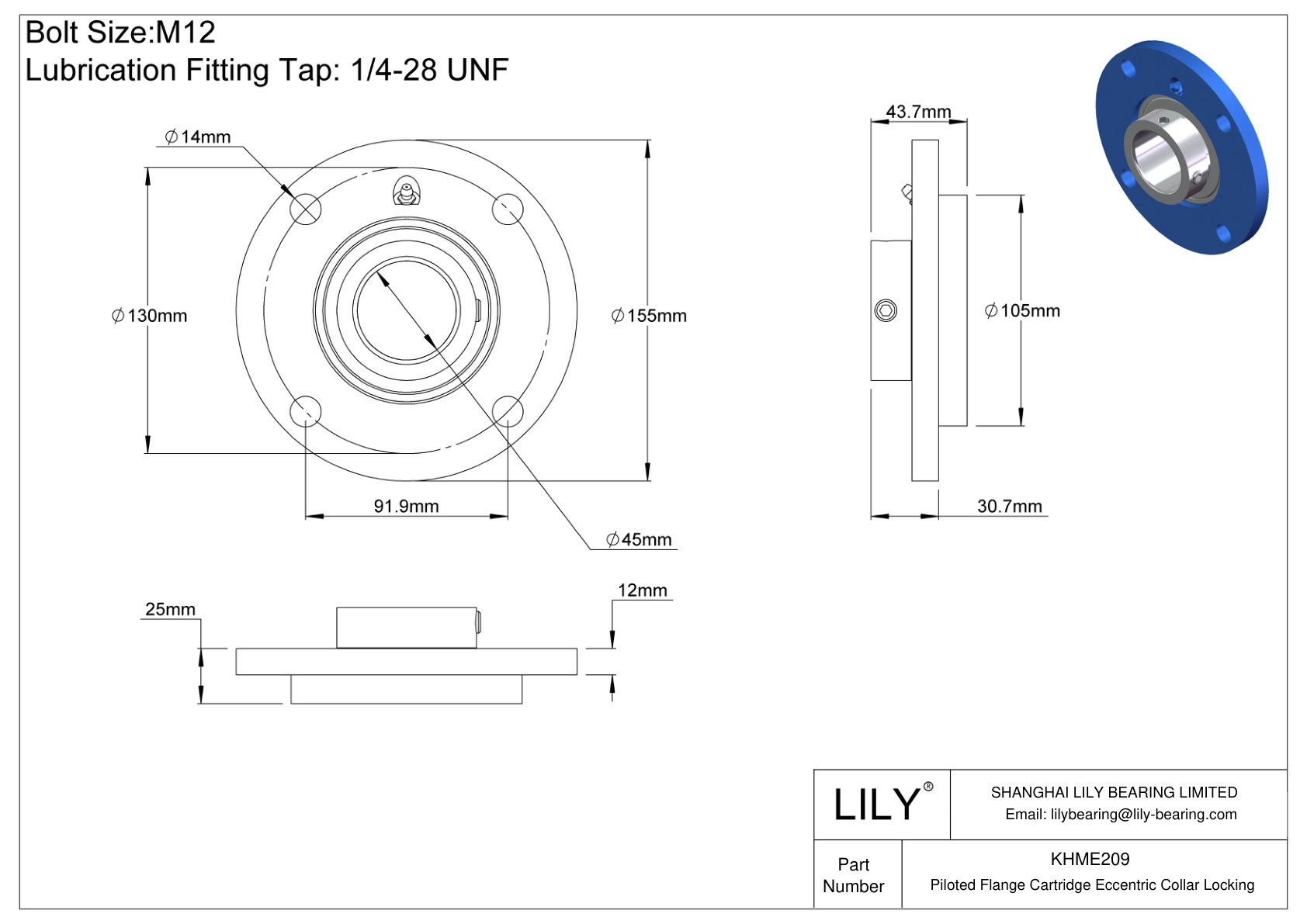 KHME209 Piloted Flange Cartridge Eccentric Collar Locking cad drawing