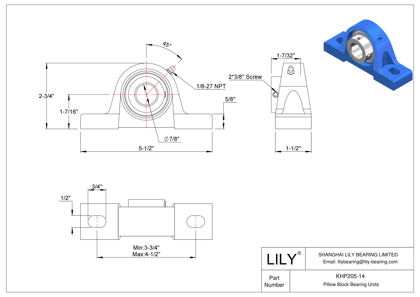 KHP205-14 Pillow Block Bearing Eccentric Collar Locking cad drawing