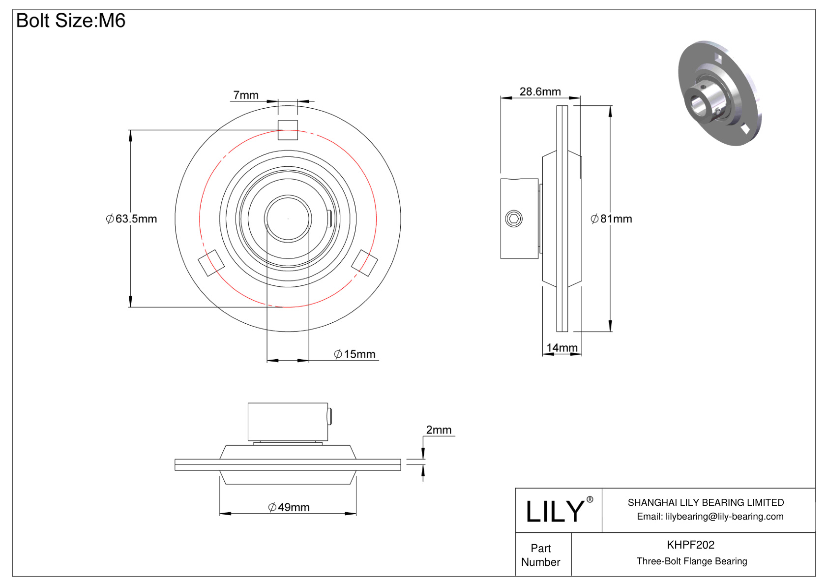 KHPF202 Three-Bolt Flange Bearing Eccentric Collar Locking cad drawing