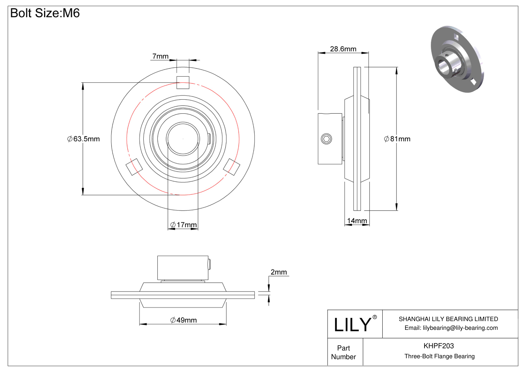 KHPF203 Cojinete de brida de tres tornillos Bloqueo de collar excéntrico cad drawing