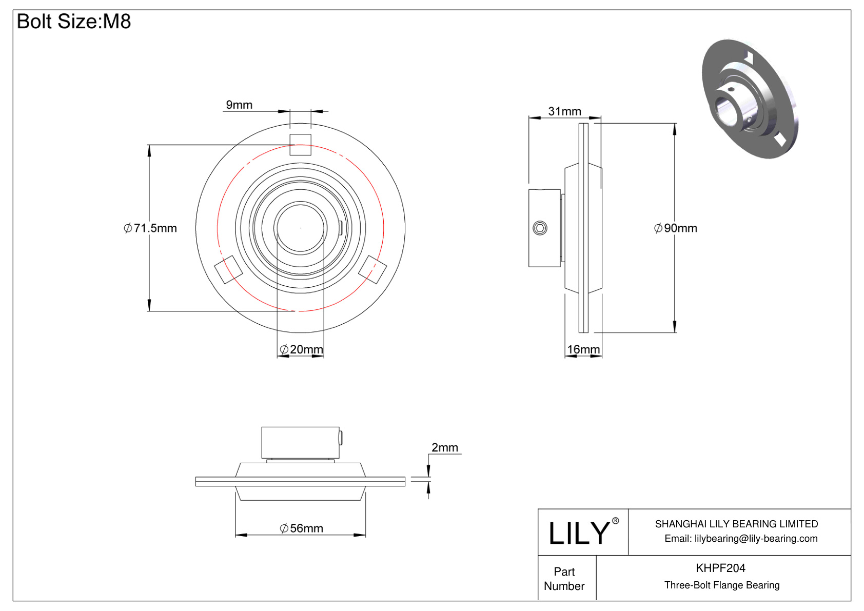 KHPF204 Three-Bolt Flange Bearing Eccentric Collar Locking cad drawing