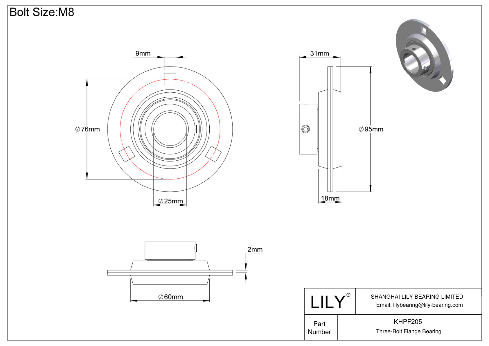 KHPF205 Three-Bolt Flange Bearing Eccentric Collar Locking cad drawing