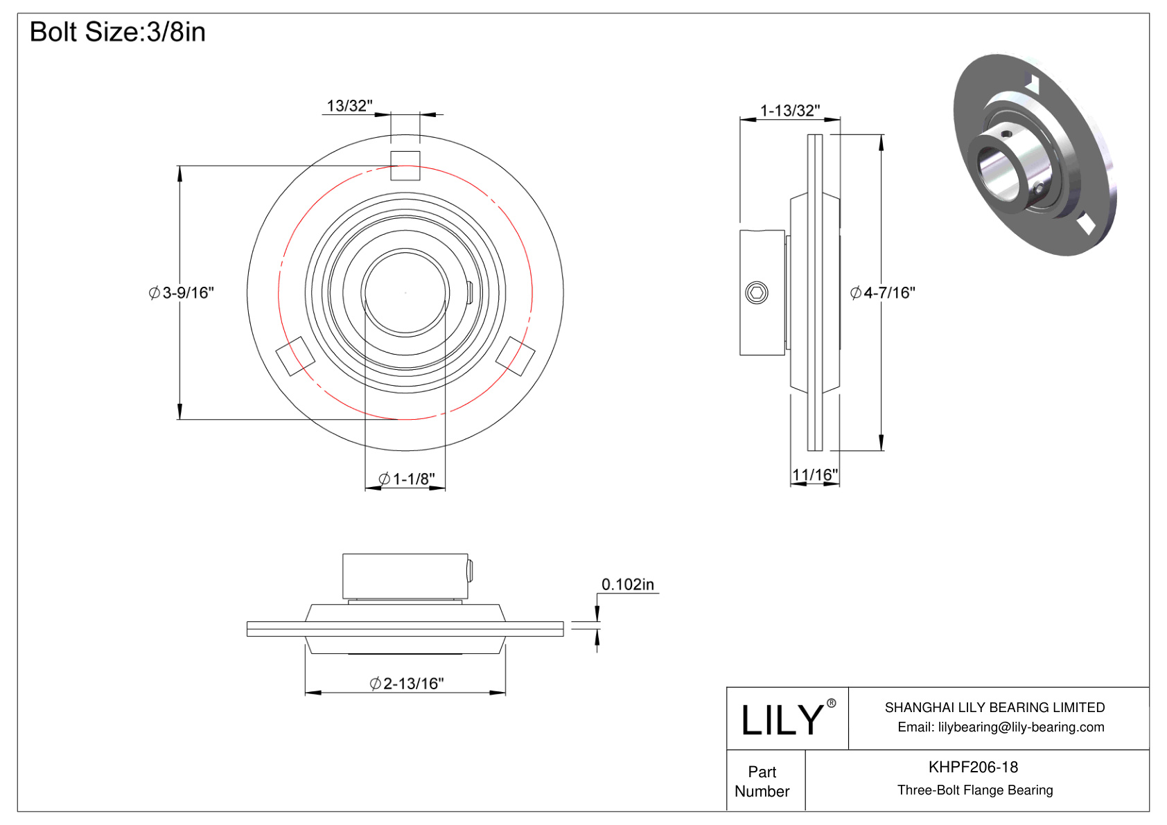 KHPF206-18 Three-Bolt Flange Bearing Eccentric Collar Locking cad drawing