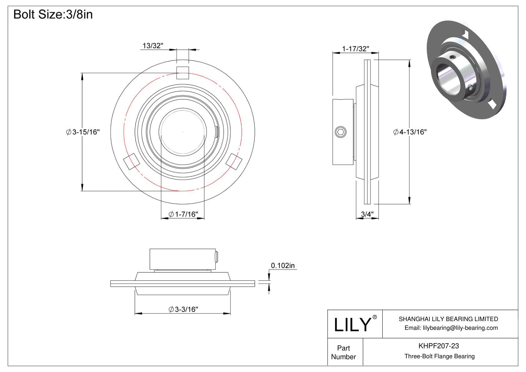 KHPF207-23 Three-Bolt Flange Bearing Eccentric Collar Locking cad drawing