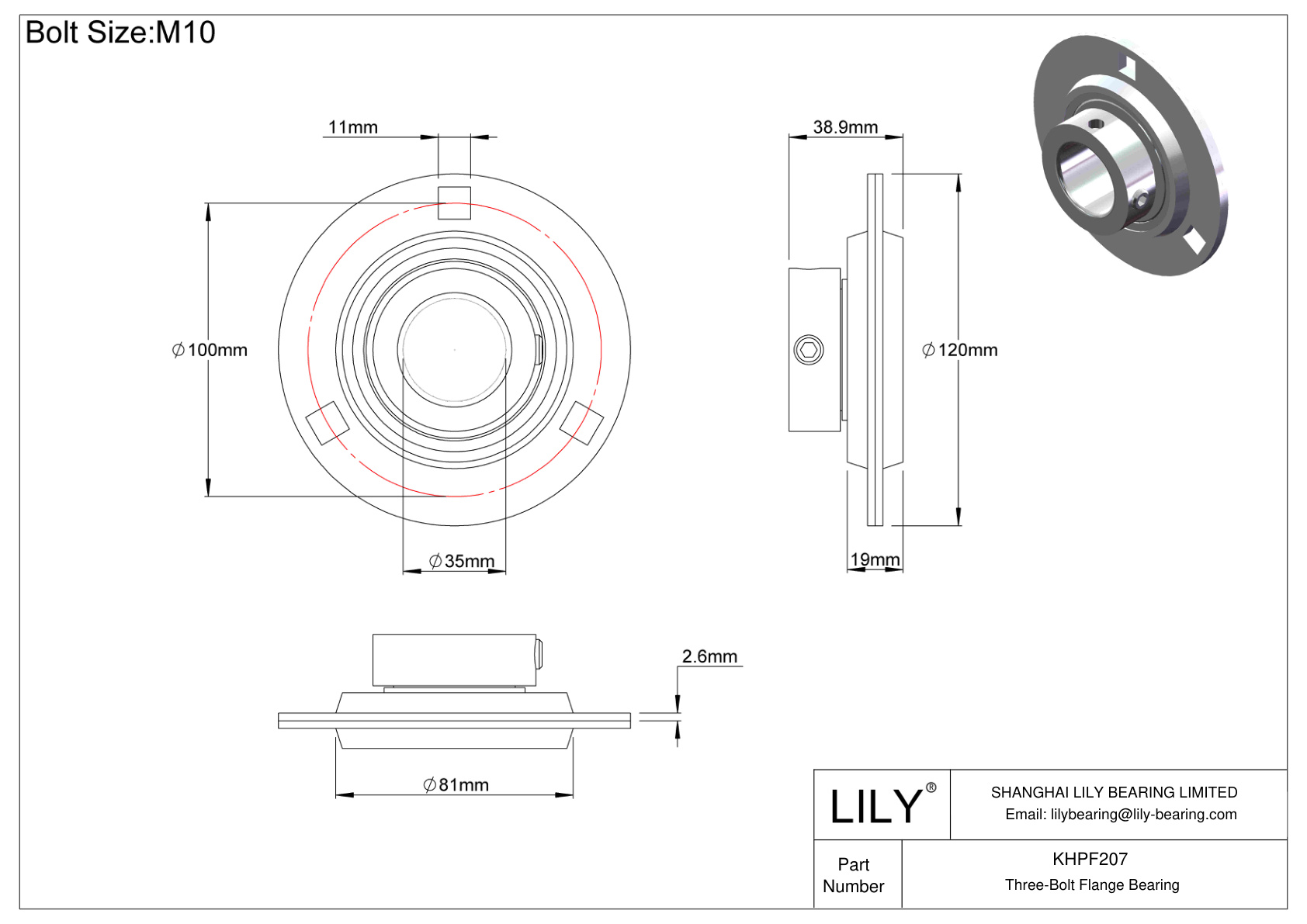 KHPF207 Three-Bolt Flange Bearing Eccentric Collar Locking cad drawing