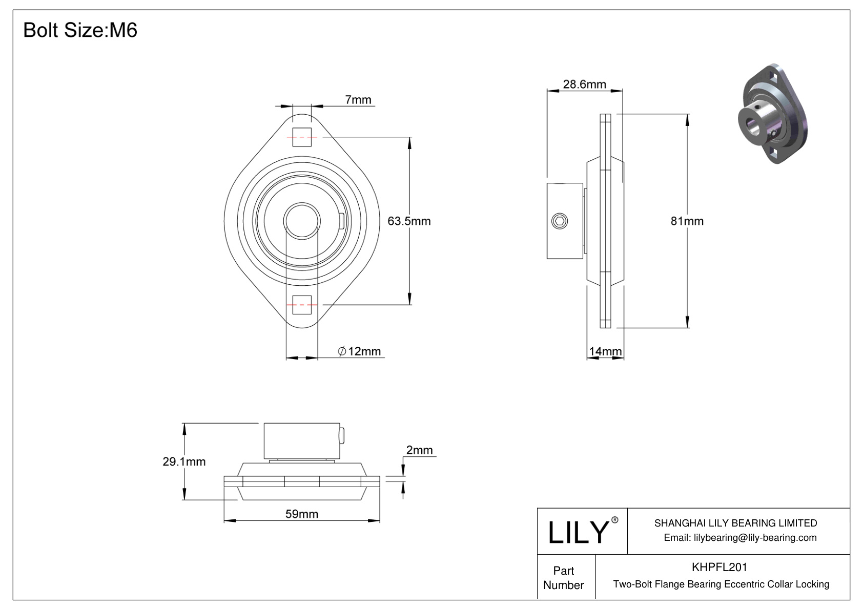 KHPFL201 Two-Bolt Flange Bearing Eccentric Collar Locking cad drawing