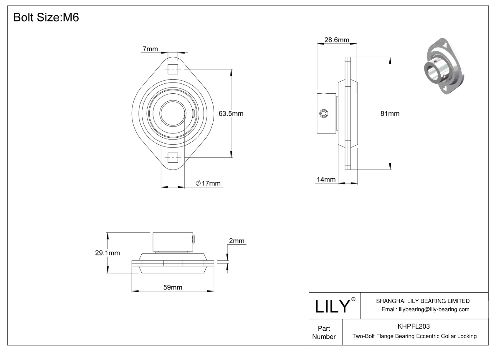 KHPFL203 Two-Bolt Flange Bearing Eccentric Collar Locking cad drawing