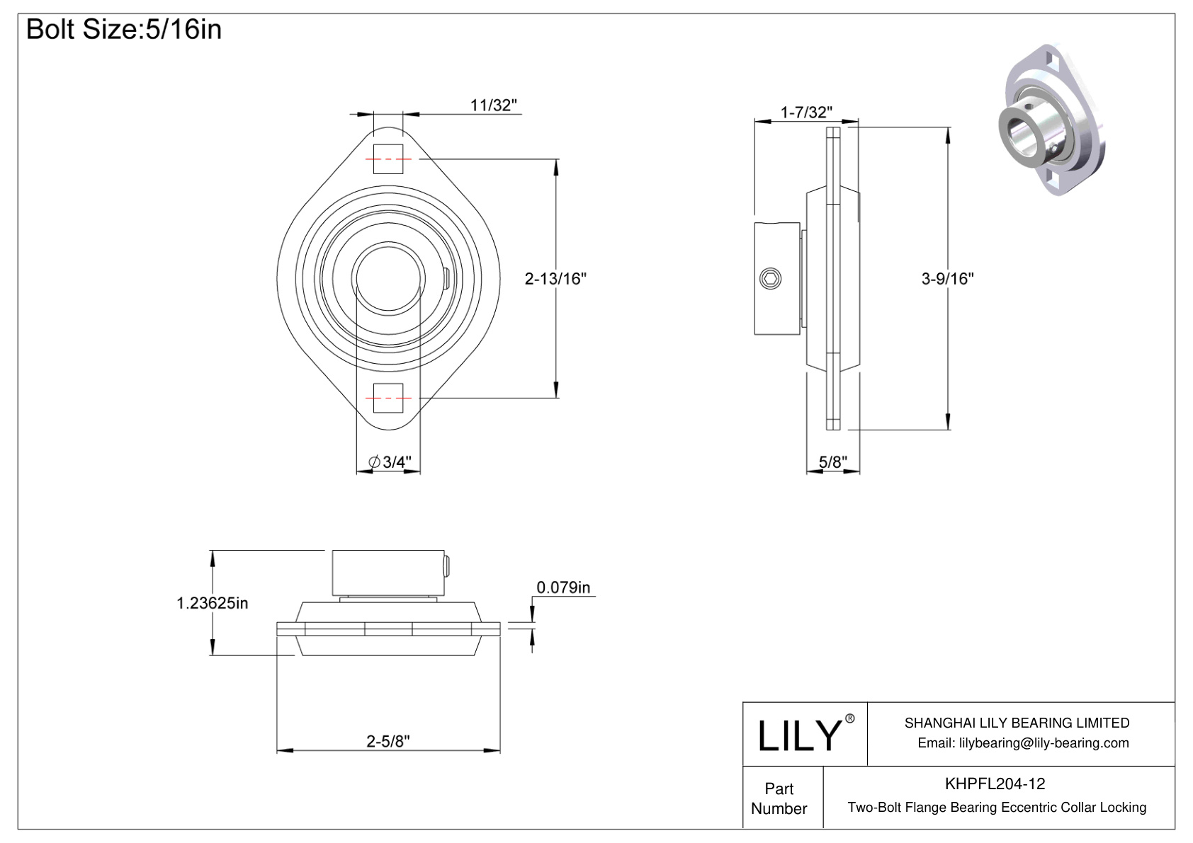 KHPFL204-12 Cojinete de brida de dos pernos Bloqueo de collar excéntrico cad drawing