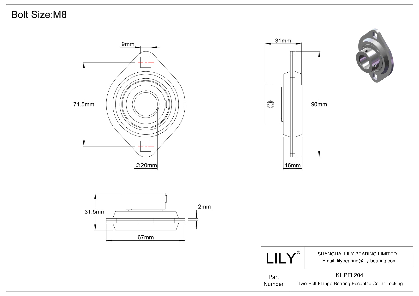 KHPFL204 Cojinete de brida de dos pernos Bloqueo de collar excéntrico cad drawing