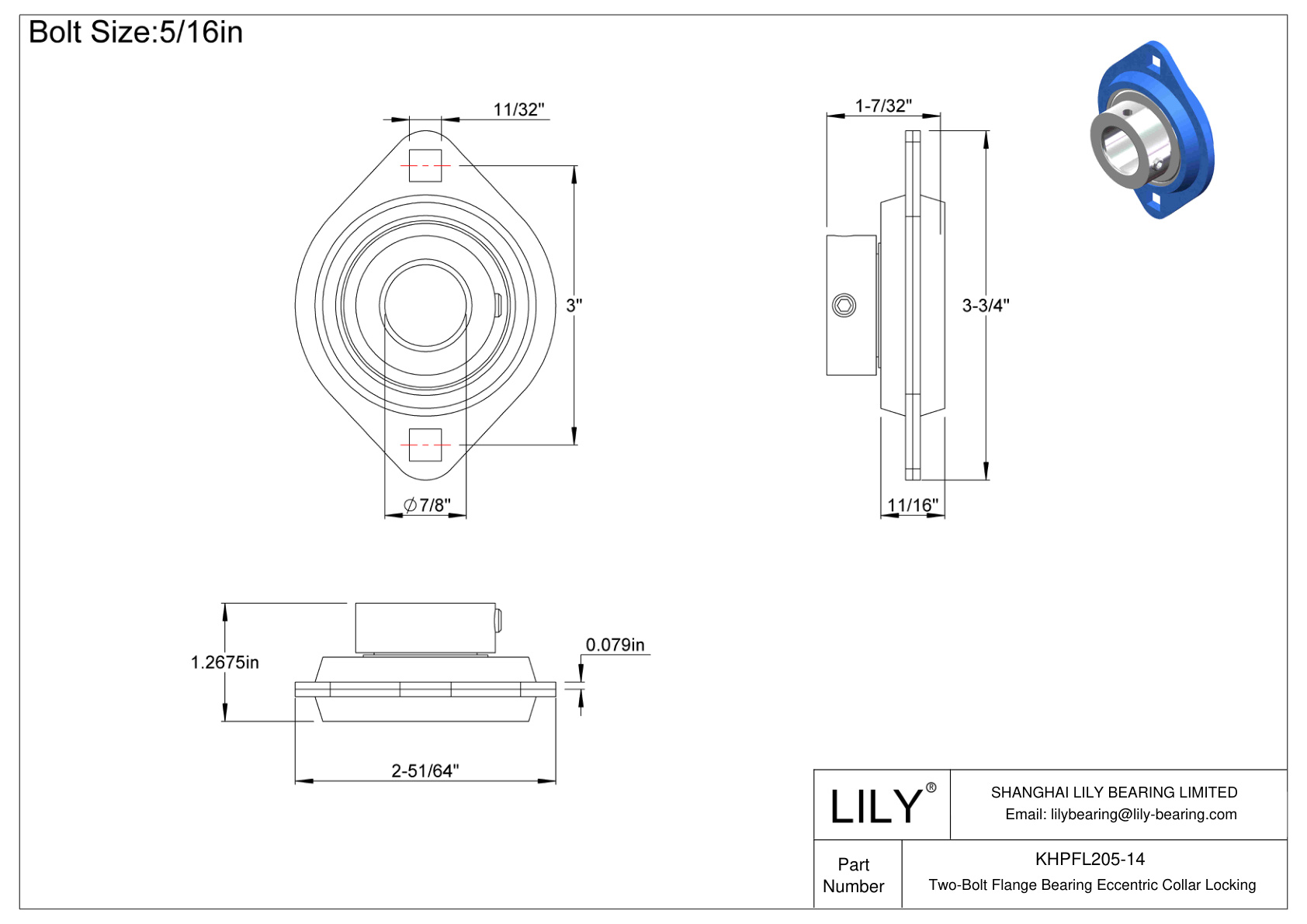 KHPFL205-14 Cojinete de brida de dos pernos Bloqueo de collar excéntrico cad drawing