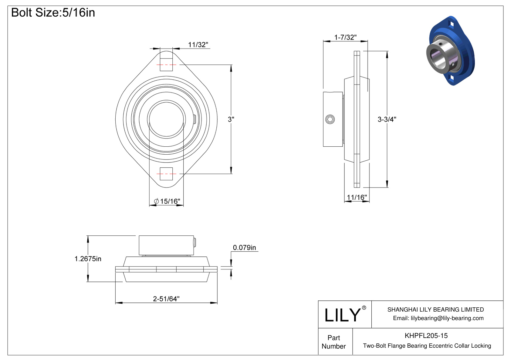 KHPFL205-15 Cojinete de brida de dos pernos Bloqueo de collar excéntrico cad drawing